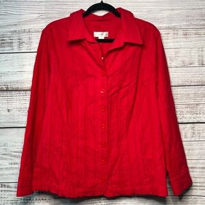 CJ Banks 1X Button Down V Neck Long Sleeve Blouse Cotton Blend Pleated Red NEW